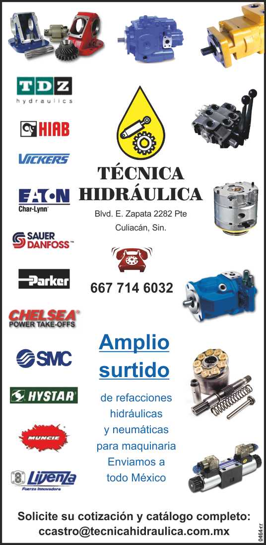 Refacciones y componentes hidraulicos y neumaticos para maquinaria. Fabricamos Cilindros especiales, bombas, tomas de fuerza, cables de control, Respaldos, Retenes, Sellos Oring. Envios a todo Mexico