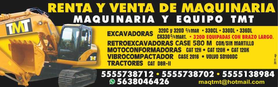 Rent and Sale of Machinery and Heavy Equipment, Excavators, Tractors and Motorconformadoras Caterpillar, Backhoe Excavators Case, Vibrocompactador Case and Volvo SD100DC.