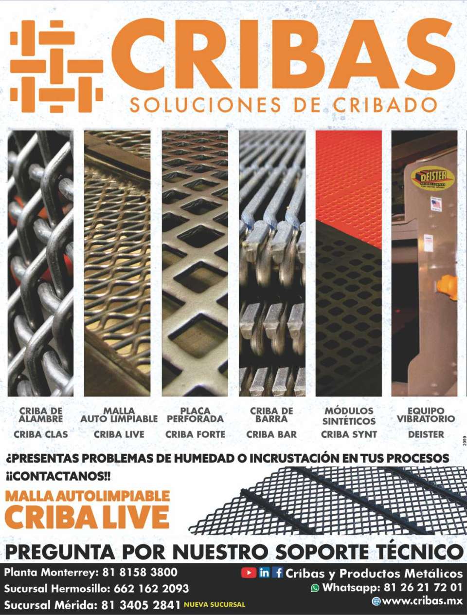 Cribas y Productos Metalicos, soluciones en cribado, tenemos cribas de alambre, modulos sinteticos, placa perforada, cribas de barra, equipos vibratorios, criba-live (autolimpiables). 