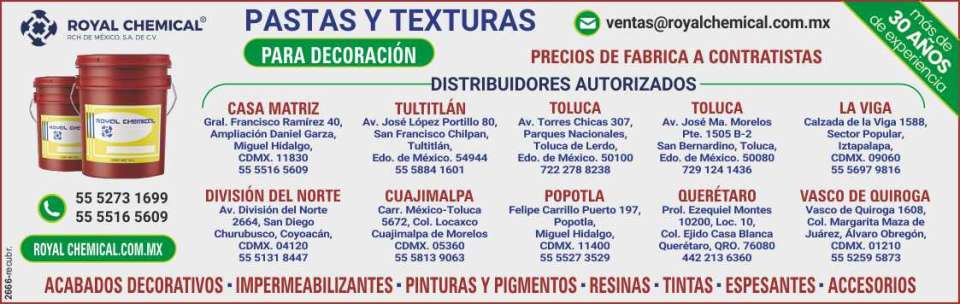 Recubrimientos, pasta y texturas para decoracion, acabados decorativos, impermeabilizantes,pinturas y pigmentos, resinas, tintas, espesantes, accesorios. Precios de Fabrica a Contratistas.