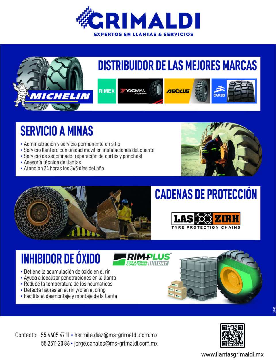 Distribuidor de las mejores LLantas, Servicios a Minas, Cadenas de Proteccion, Rim Plus Dry Aditivo para Neumaticos, Inhibidor de oxido. Distribuidor de las mejores marcas Michellin, Yokohama, Aeolus.