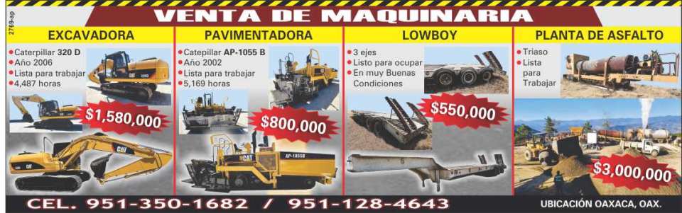 Sale of machinery, from excavators, pavers, lowboys, profilers, tractors, tractors and much more equipment.