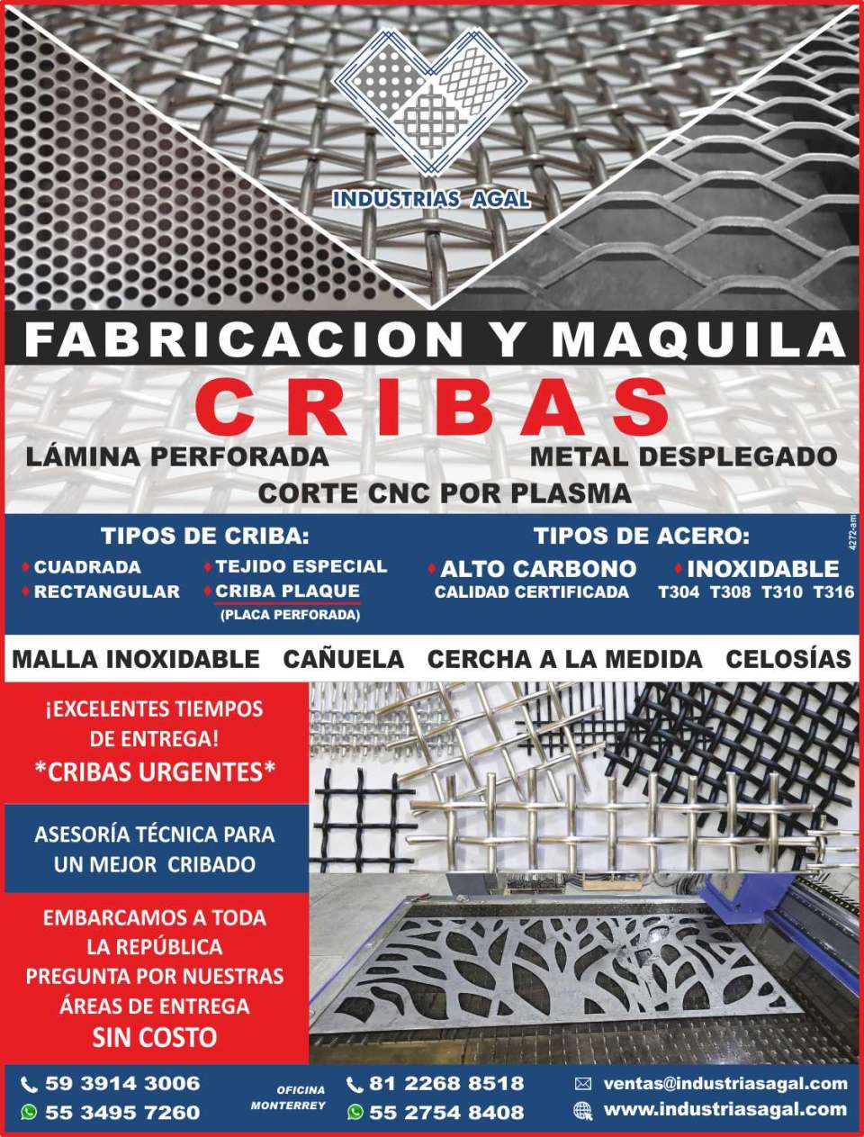 Cribas de Alto y Bajo Carbono, Cribas Plaque, Malla Inoxidable, Cañuela y Cercha a la medida, Lamina perforada, Rolado de Lamina, Corte CNC por Plasma, Metal desplegado, Asesoria Tecnica