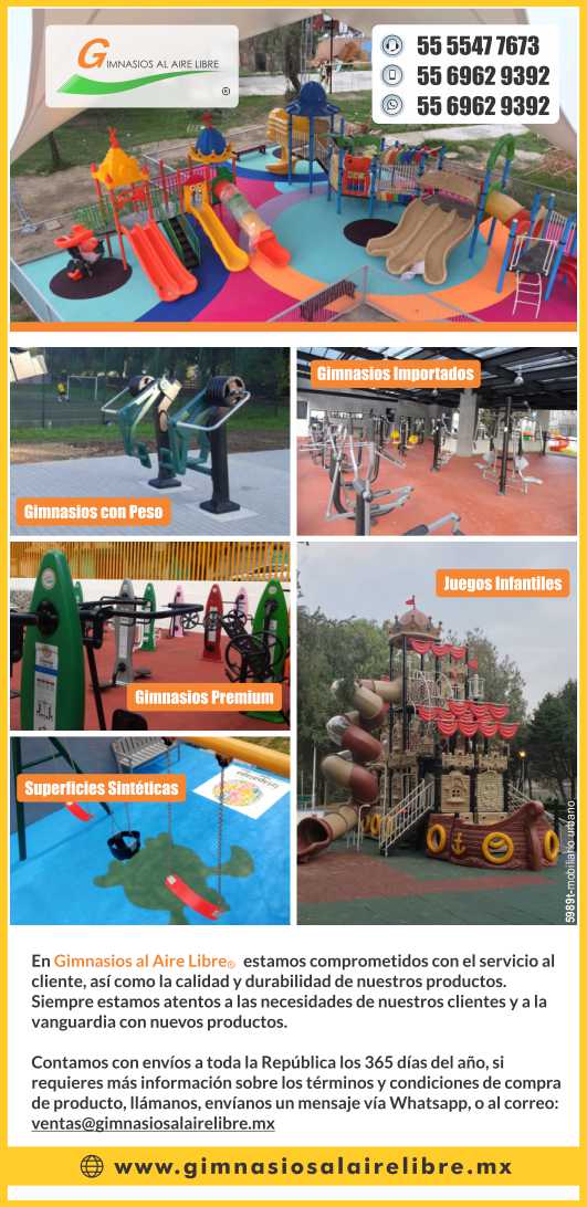 Gimnasios al aire libre, ejercitadores, juegos infantiles, mobiliario urbano, luminarias, montables, bancas, botes de basura