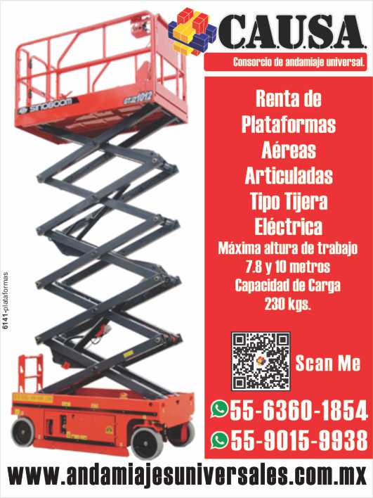 Renta de Plataformas Aereas articuladas tipo tijera electrica.