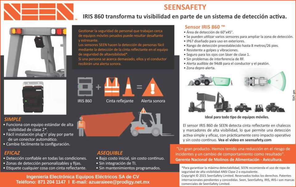 Sensor IRIS 860 detecta personas, mediante la deteccion de la Cinta Reflectante en el Equipo de Seguridad de Altavisibilidad. Si alguien se acerca demasiado, recibiran una alerta sonora. Seensafety.