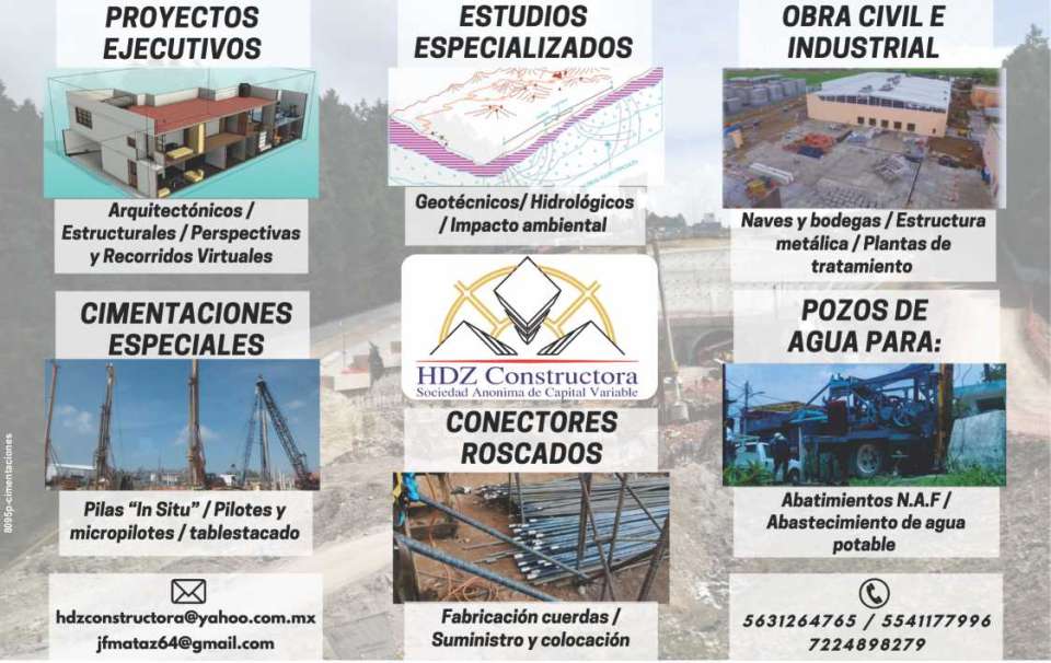 Proyectos Arquitectonicos, Estructurales. Estudios Geotecnicos, Hidrologicos. Naves Industriales, Estructuras Metalicas, Plantas de Tratamiento. Pilas, Pilotes, Pozos de Agua para Abatimientos NAF.