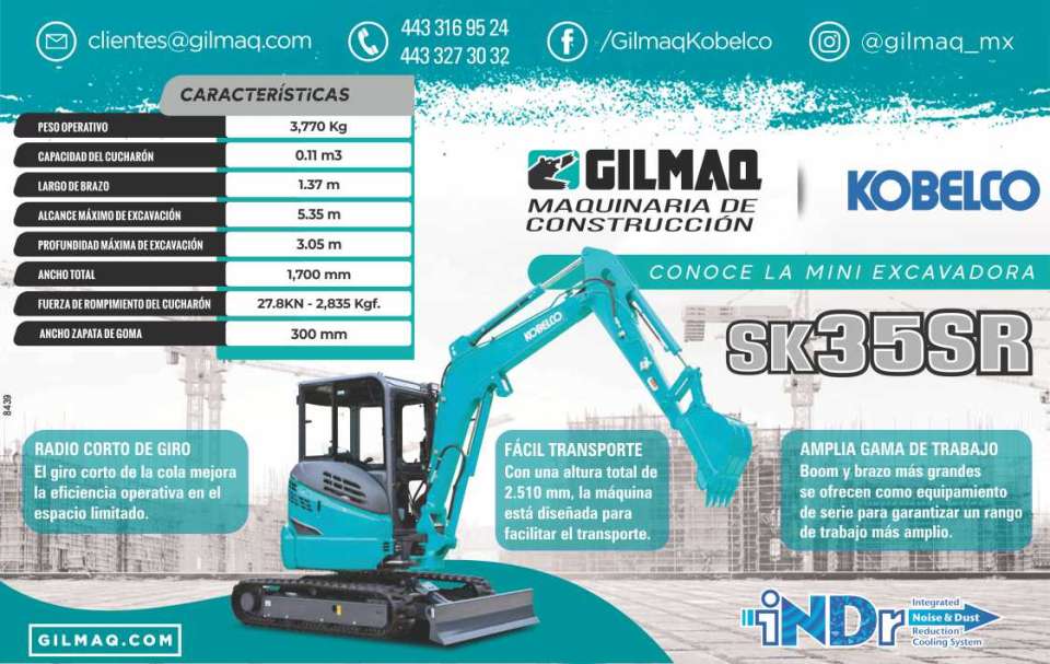 Gilmaq Construction Machinery. Discover the SK35SR Mini Excavator with Short Turning Radius, Easy Transport, Wide Working Range.