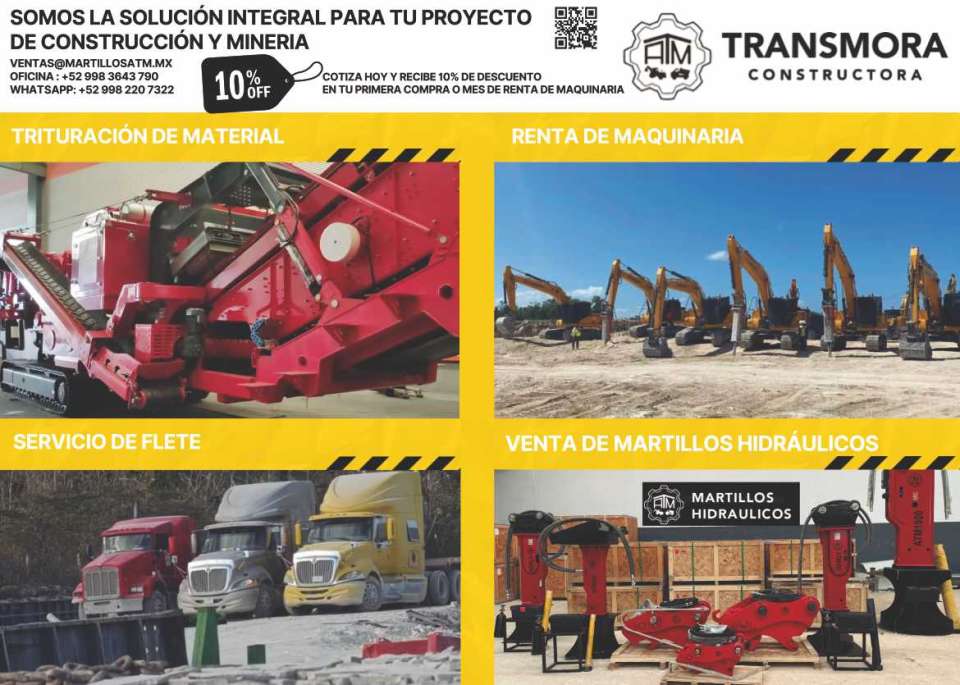 Construction and Mining Projects. Get a Quote Today and Receive a 10% Discount. Material Crushing, Machinery Rental, Hydraulic Hammers. Freight Service. ATM Transmora Constructora